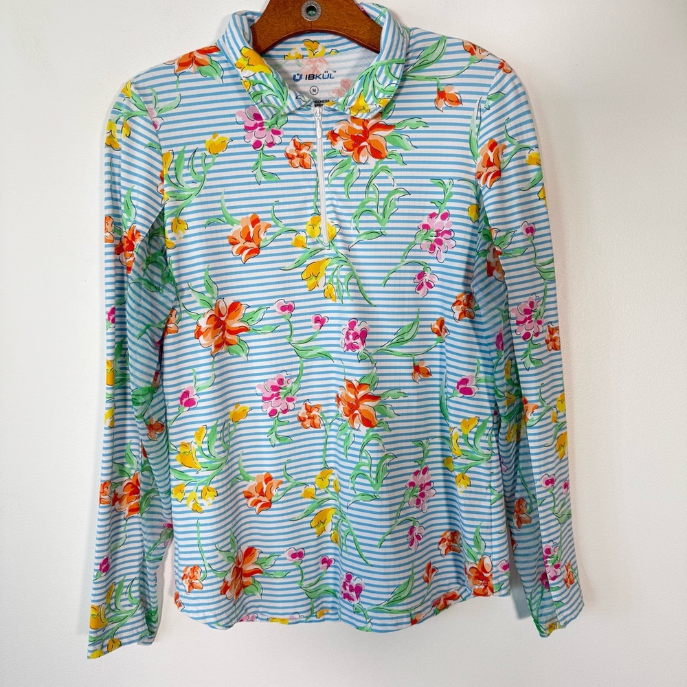 IBKUL Long Sleeve Quarter Zip UPF 50+ Floral Striped Mesh Panel Sun Protection M